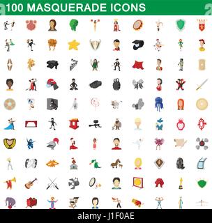 100 Maskerade Icons set, cartoon-Stil Stock Vektor
