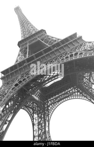 Der Eiffelturm in Paris isoliert auf dem weißen Hintergrund. Schwarz / weiß Bild Stockfoto