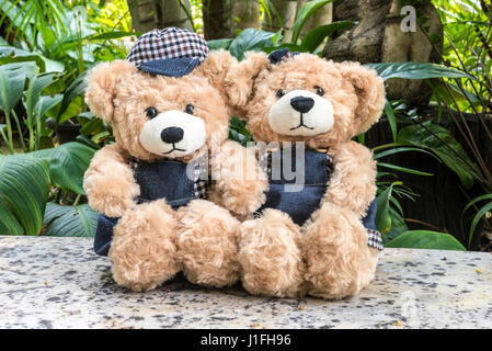 paar Teddybären Picknick im Garten, Liebe Konzept Stockfoto