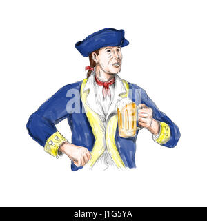 Aquarell-Stil Illustration ein amerikanischer Patriot halten Bier Becher Toasten betrachtet von vorne am isolierten weißen Hintergrund. Stockfoto