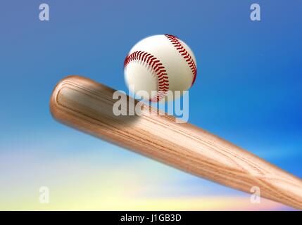 Baseballschläger Kollision Ball unter blauem Himmel Stockfoto
