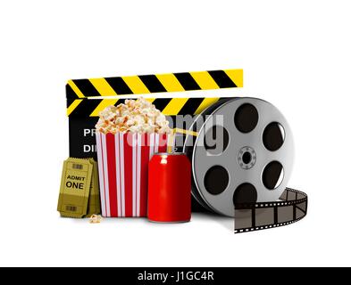 Popcorn mit Soda und Film zeigt Stockfoto