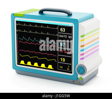 Medizinischer Monitor zeigt wichtige Gesundheitsinformationen isoliert auf weißem Hintergrund. 3D Illustration. Stockfoto