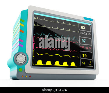 Medizinischer Monitor zeigt wichtige Gesundheitsinformationen isoliert auf weißem Hintergrund. 3D Illustration. Stockfoto