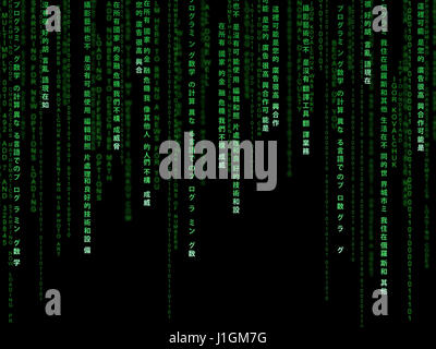 Grüne Matrixcode auf schwarzem Hintergrund Stockfoto
