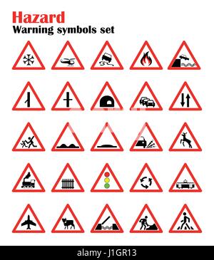 setzen Sie Gefahr Warnung Verkehrszeichen, Verkehrszeichen warnen über die Situation der Verkehrsregeln, Vektor roten Dreieck. Satz von Symbolen. Stock Vektor