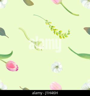 Schöne Botanische Musterdesign mit Tulpen, weißen und gelben Blumen und frische Blätter gegen hellgrünen Hintergrund. Frühling Blüte Konzept. Vektor-Illustration im rustikalen Stil für Wallpaper. Stock Vektor