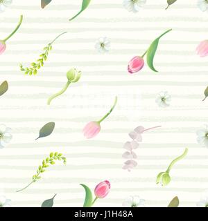 Nahtlose Blumenmuster mit rosa Tulpen, Blütenknospen, Blütenstände und Blätter gegen blasse grüne Farbe Streifen auf Hintergrund. Sommer Garten Kulisse. Vektor-Illustration für Geschenkpapier. Stock Vektor