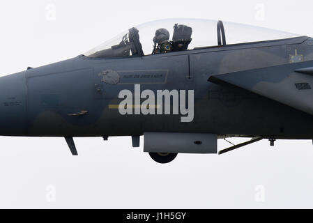 United States Air Force Boeing MDD F-15 Eagles of 493rd Fighter Squadron 'Grim Reapers' bei RAF Lakenheath, Suffolk, Großbritannien Stockfoto