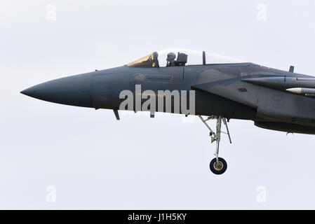United States Air Force Boeing MDD F-15 Eagles of 493rd Fighter Squadron 'Grim Reapers' bei RAF Lakenheath, Suffolk, Großbritannien Stockfoto