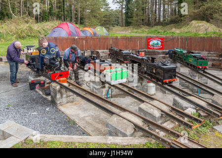 Llanelli & Bezirk Modell Ingenieure Frühjahr Rallye auf die erhöhte und Boden-Miniatur-Eisenbahn zu verfolgen, an Pembrey Country Park, Wales, UK Stockfoto