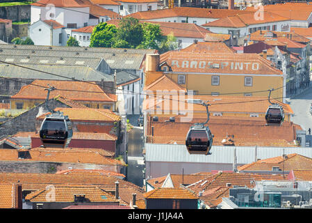 Porto Portugal Gaia, pass Seilbahnen, die die Touristen über die Dächer von Portweinhäuser gelegen in der Waterfront Gaia Bezirk von Porto, Portugal. Stockfoto