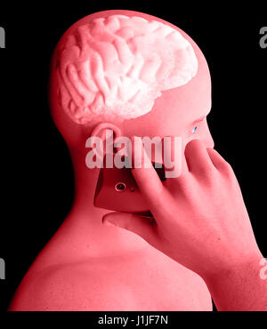 Gehirn, Mann mit Handy, Gehirn Probleme Ursache von Tumor, Degenerative Erkrankungen, Parkinson, Profil Gesicht. 3D-Rendering Stockfoto