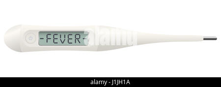 Fieberthermometer mit dem Wort Fieber auf Digitalanzeige - isolierte Abbildung auf weißem Hintergrund. Stockfoto