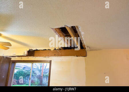 Große Verwirrung aus einer Untersicht Demo während einer home Renovierung und Umgestaltung in ein Wohnhaus. Stockfoto