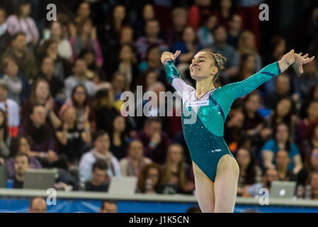 Ilaria Kaeslin (SUI) führt auf dem Boden während der Frauen Finale auf die europäischen Männer und Frauen künstlerische Gymnastik-Meisterschaften in Cluj-Napoca, Rumänien. 21.04.2017 Stockfoto