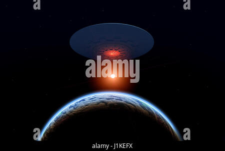 Eine fliegende Untertasse entweder verlassen oder seine Alien Heimatwelt angekommen. Stockfoto