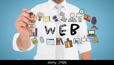 Digitalen Verbund der Geschäftsmann Mittelteil mit Marker hinter Web Kritzeleien vor blauem Hintergrund Stockfoto