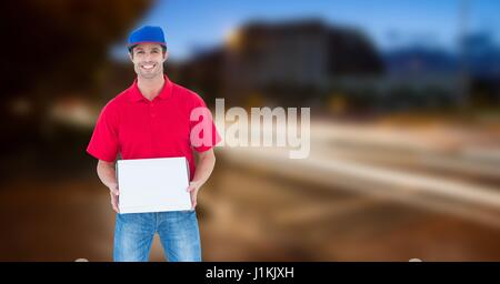 Digitalen Verbund aus Lieferung Mann, Pizza-box Stockfoto