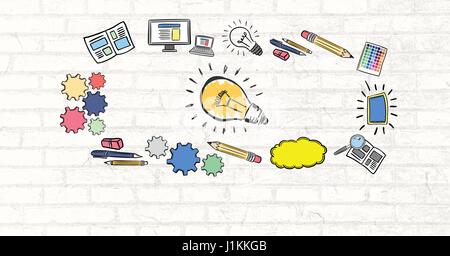 Digitalen Verbund aus bunten Glühbirne mit Zeichnungen Grafik Stockfoto