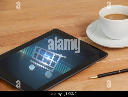 Digitalen Verbund aus Tablet mit Shopping Trolley Symbol und Kaffee Stockfoto