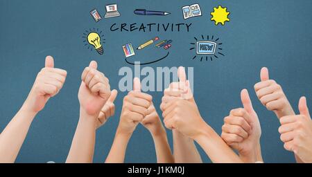 Digitalen Verbund von Kreativität Text mit Symbolen über Händen gestikulieren Daumen nach oben Stockfoto