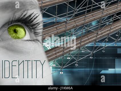 Digital Composite Identität Text mit 3D Gerüst und Auge über Schnittstelle Stockfoto