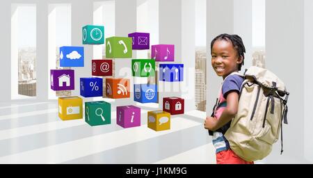 Digital Composite glückliche Schüler Rucksack durch Symbole Stockfoto