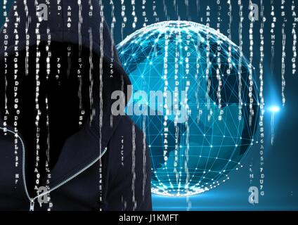 Digitalen Verbund aus dunklen blauen Pullover Hacker mit Gesicht. Vordergrund. Erde Hintergrund, Binär-code Stockfoto