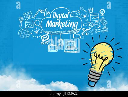 Digitalen Verbund aus bunten Glühbirne und Digital marketing-Text mit Zeichnungen Grafik Stockfoto