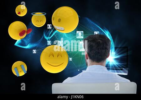 Digitalen Verbund aus zusammengesetztes Bild auf Geschäftsmann und Smileys ist 3d Stockfoto