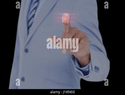 Digital Composite Finger Pint Scannen mit roten Fackeln Stockfoto