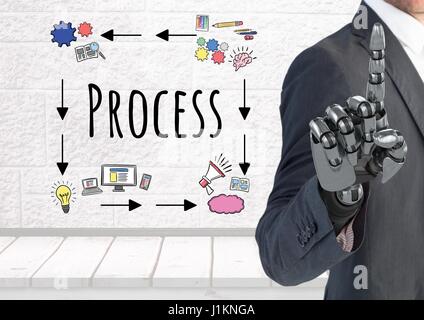 Digitalen Verbund von Android Geschäftsmann Hand PointingProcess Text mit Zeichnungen Grafik Stockfoto