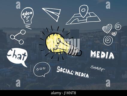 Digitalen Verbund aus bunten Glühbirne mit social-Media-Zeichnungen-Grafik Stockfoto