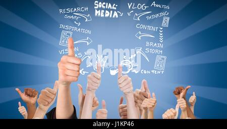 Digitalen Verbund aus Händen gestikulieren Daumen oben mit Text und Symbolen im Hintergrund Stockfoto