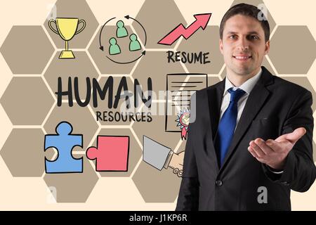 Digitalen Verbund aus Geschäftsmann gestikulieren von human resources Text und Symbole Stockfoto
