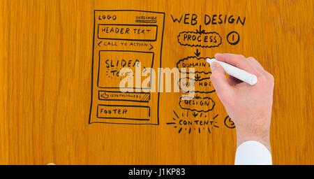 Digitalen Verbund aus Unternehmer Handzeichnung Mockups von Websites auf Holz Stockfoto