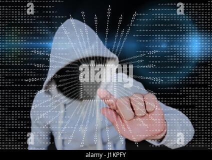 Digitalen Verbund aus grauen Pullover Hacker mit blauen Gesicht verschwommen Hintergrund und Binärcode mit Quadrat. Stockfoto