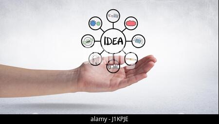 Digital Composite Digital zusammengesetztes Bild von Hand mit Idee Text und Zeichen Stockfoto