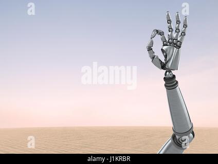 Digitalen Verbund von Android Roboter Handgeste OK mit Wüste Himmelshintergrund Stockfoto