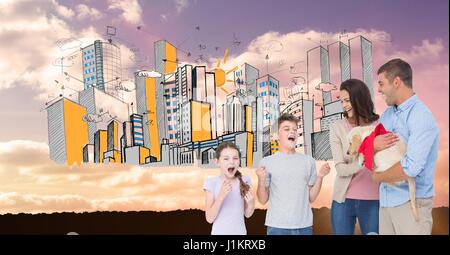 Digitalen Verbund von Eltern, die Welpen zu verschenken begeistert Kinder mit gezeichneten Stadt im Hintergrund Stockfoto