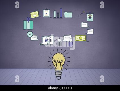 Digitalen Verbund aus bunten Glühbirne mit Business-Zeichnungen-Grafik Stockfoto