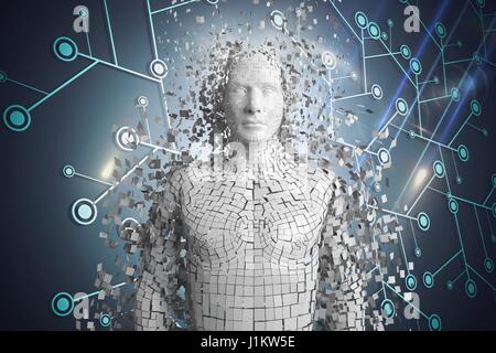 Digitalen Verbund aus 3D weißen männlichen AI gegen Blaues Netz mit Fackeln Stockfoto