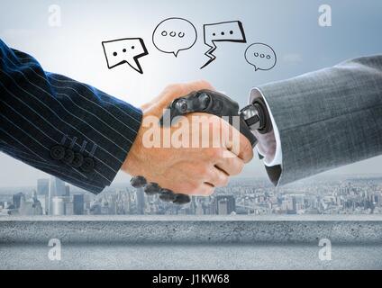 Digitalen Verbund von Android Handshake Geschäftsmann mit Chat Blase Zeichnungen Grafik Stockfoto