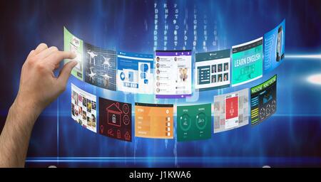 Digital Composite Digital erzeugte Bild von Hand zu futuristischen Bildschirm berühren Stockfoto