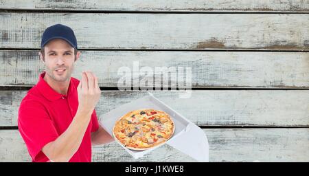 Digitalen Verbund aus gestikulieren halten frischen Pizza-Lieferant Stockfoto