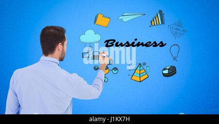 Digitalen Verbund aus Geschäftsmann zeichnen von Grafiken mit Business-Text auf dem Bildschirm Stockfoto