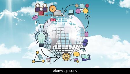 Digital Composite Digital zusammengesetztes Bild der Symbole rund um 3D-Globus Stockfoto