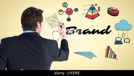 Digitalen Verbund der Rückseite Geschäftsmann mit Marker gegen Marke Kritzeleien und gelbem Hintergrund Stockfoto