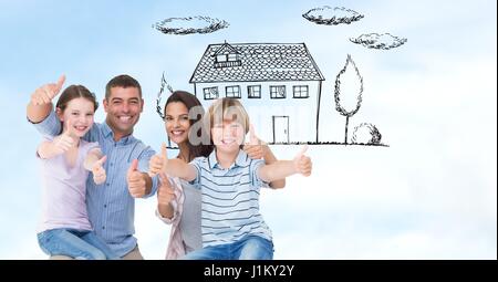 Digital Composite glücklichen Familie zeigt Daumen hoch Zeichen mit Haus im Hintergrund Stockfoto